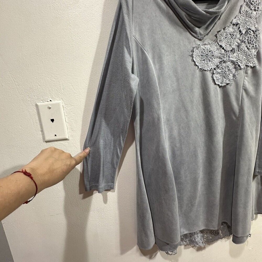 Feratelli Women's Boho Art Top Gray Long Sleeve Tunic Style Lace Crochet SZ M - Picture 8 of 16
